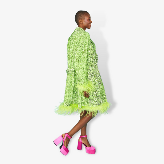 Lime Green Sequin And Feather Belted Coat