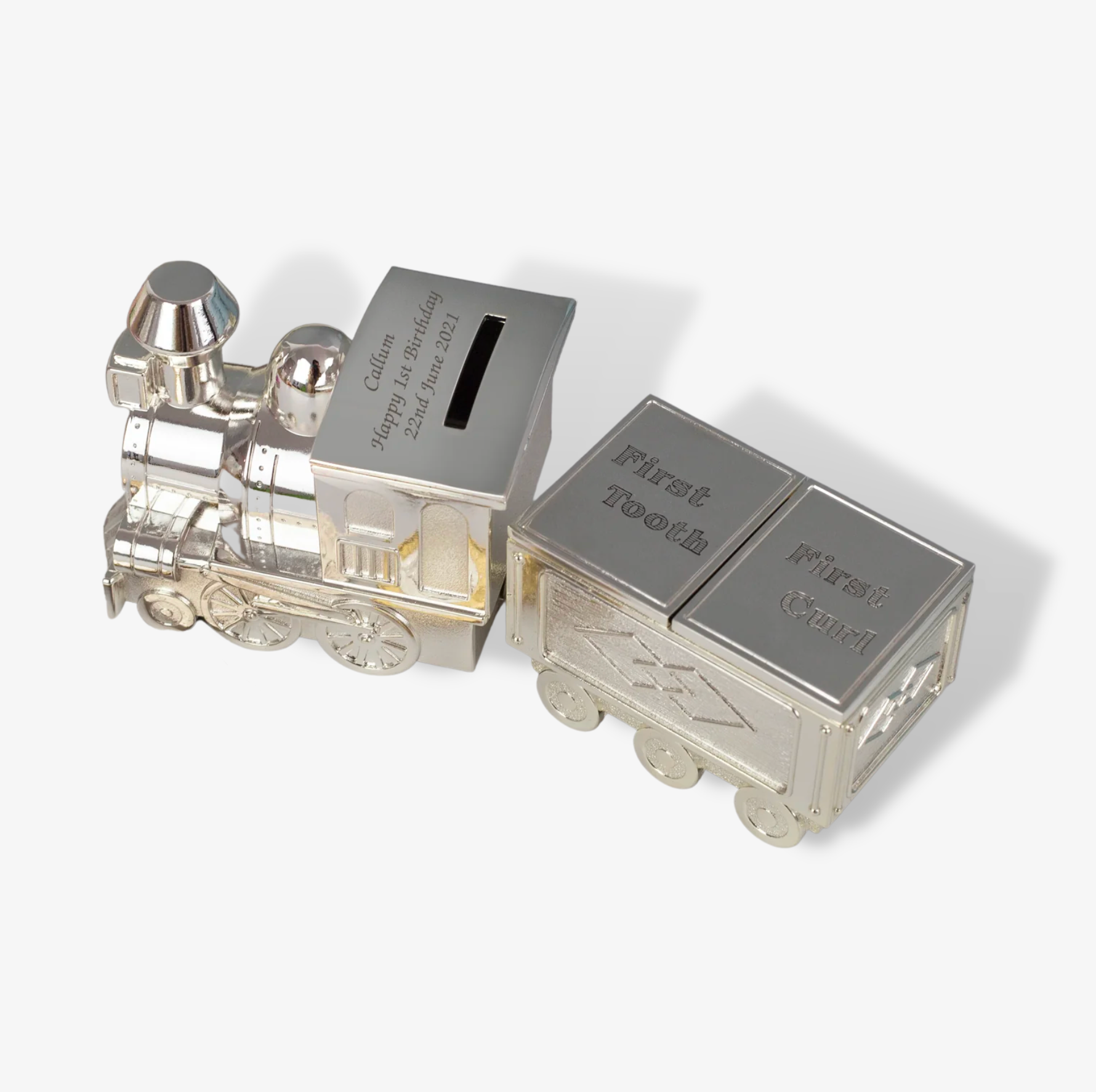 Engraved Train Moneybox With Tooth And Curl Carriage