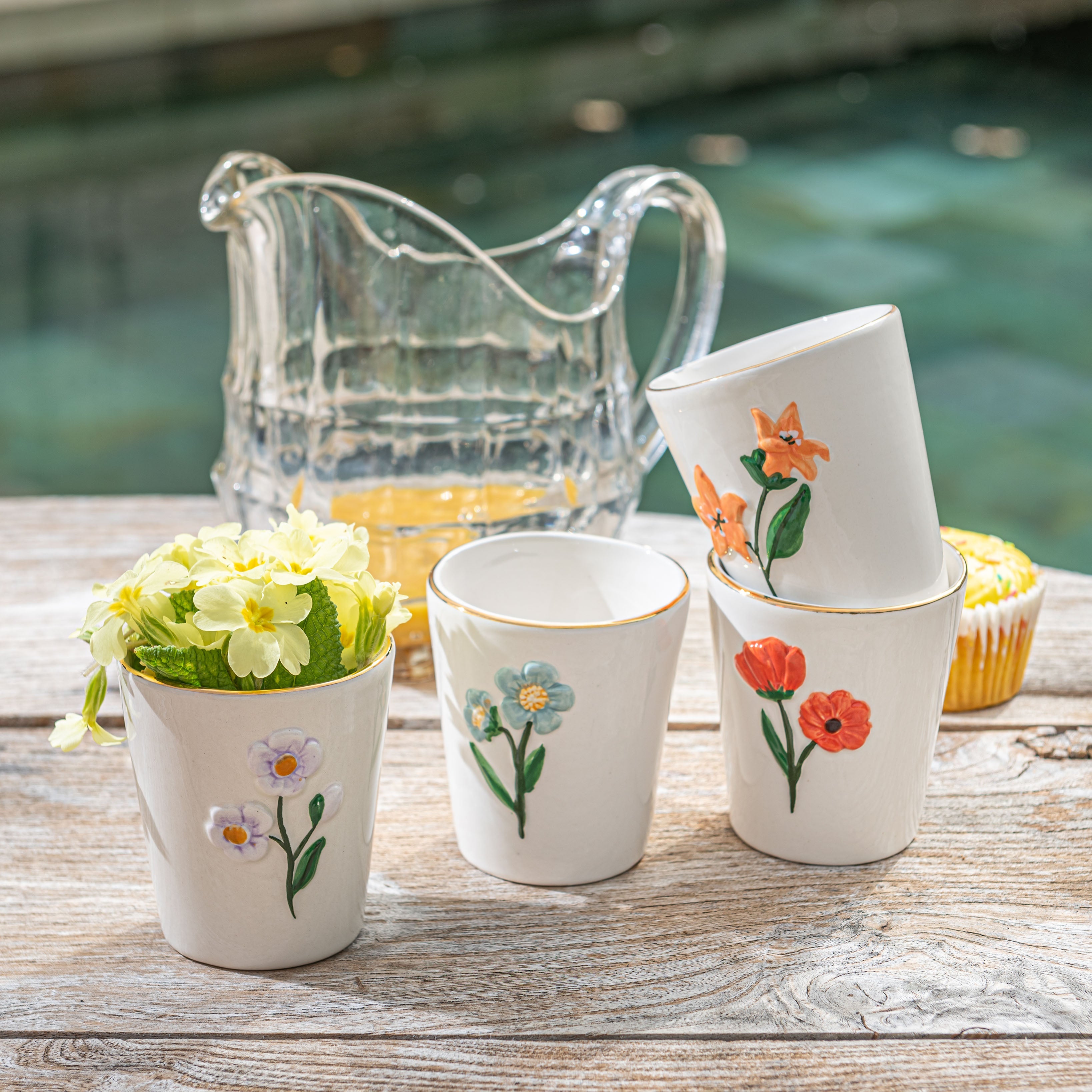Set Of Four Hand Painted Dolomite Flower Tumblers