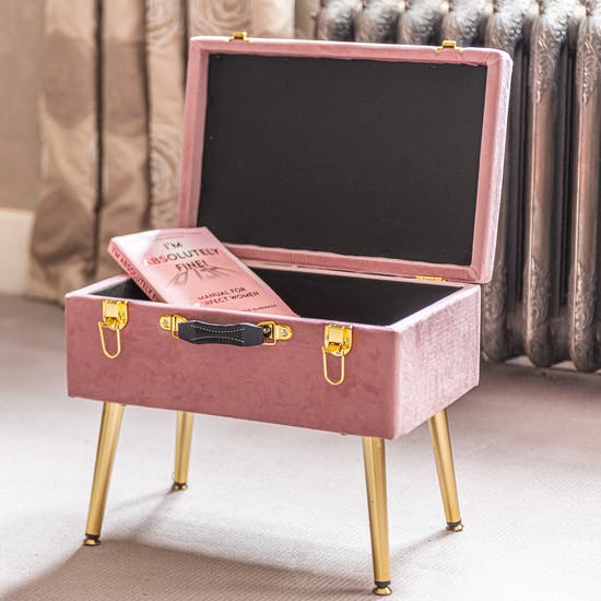 Pink Velvet Storage Stool With Gold Legs