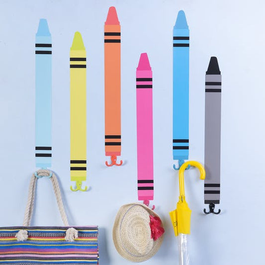 Six Crayon Shape Wall Stickers With Coat Hooks