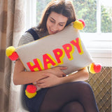 'Happy' Cushion with Pom Pom Design