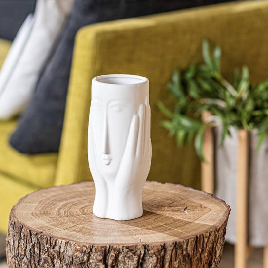 Elegant Design Face Hands Vase In White