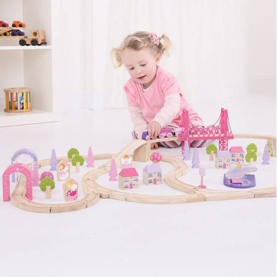 Wooden Train - Giant Fairy Town Train Set in Pink Fairy Theme -75 pieces