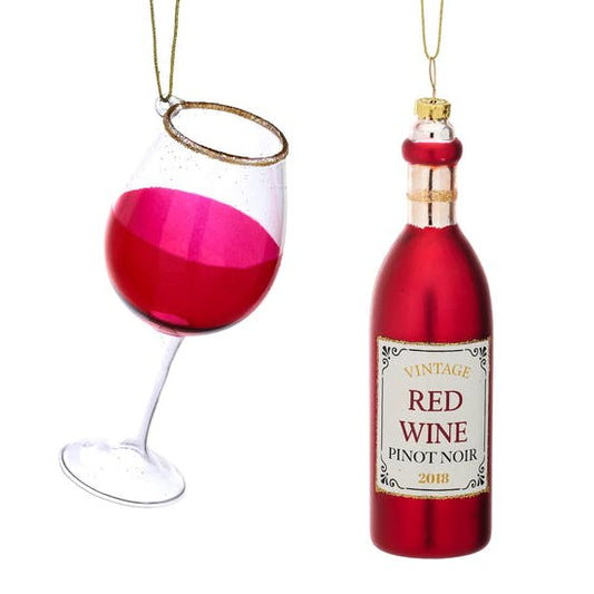 Bottle And Red Wine Glass Shaped Bauble Set