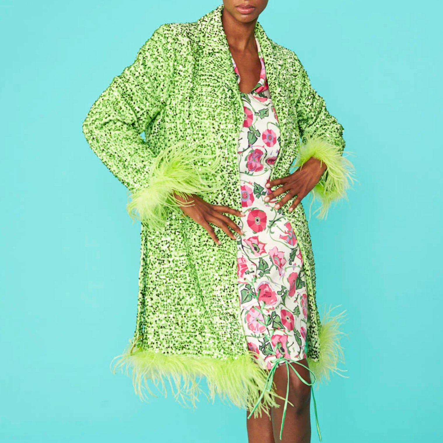 Lime Green Sequin And Feather Belted Coat