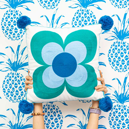Blue Flower Pom Pom Cushion