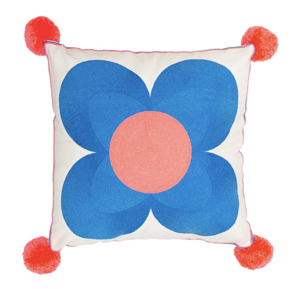Embroidered Pom Pom Flower Cushion