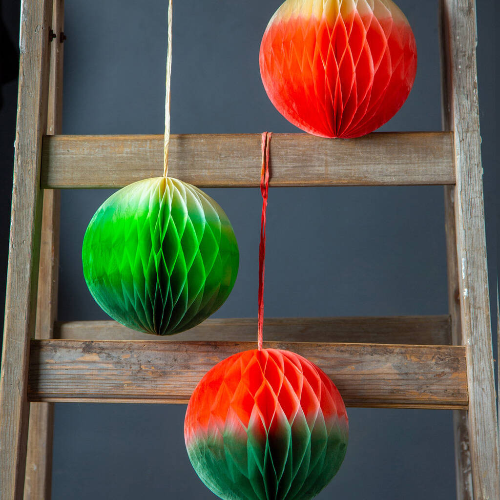 Three Red And Green Ombre Paper Honeycomb Decorations