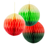 Three Red And Green Ombre Paper Honeycomb Decorations